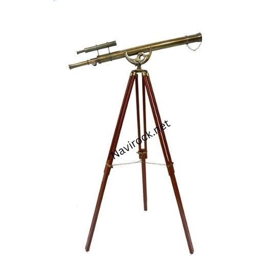 Antique Double Barrel Brass Telescope Floor Standing with Brown Wooden Tripod