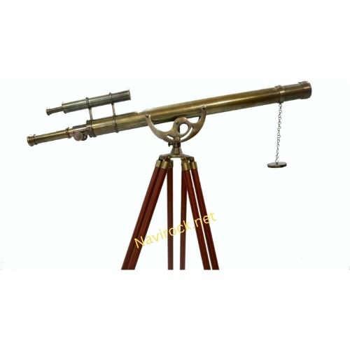  Antique Double Barrel Brass Telescope Floor Standing with Brown Wooden Tripod