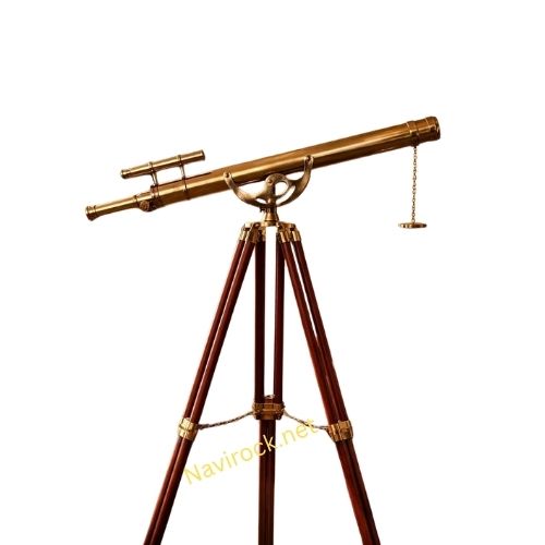  Antique Double Barrel Brass Telescope Floor Standing with Brown Wooden Tripod