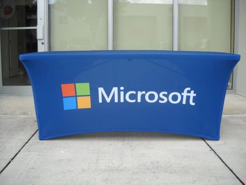 Tradeshow Table Cover - Polyester Blend 6ft Blue, Custom Printed, Wrinkle Resistant, Washable, Hemmed Edges