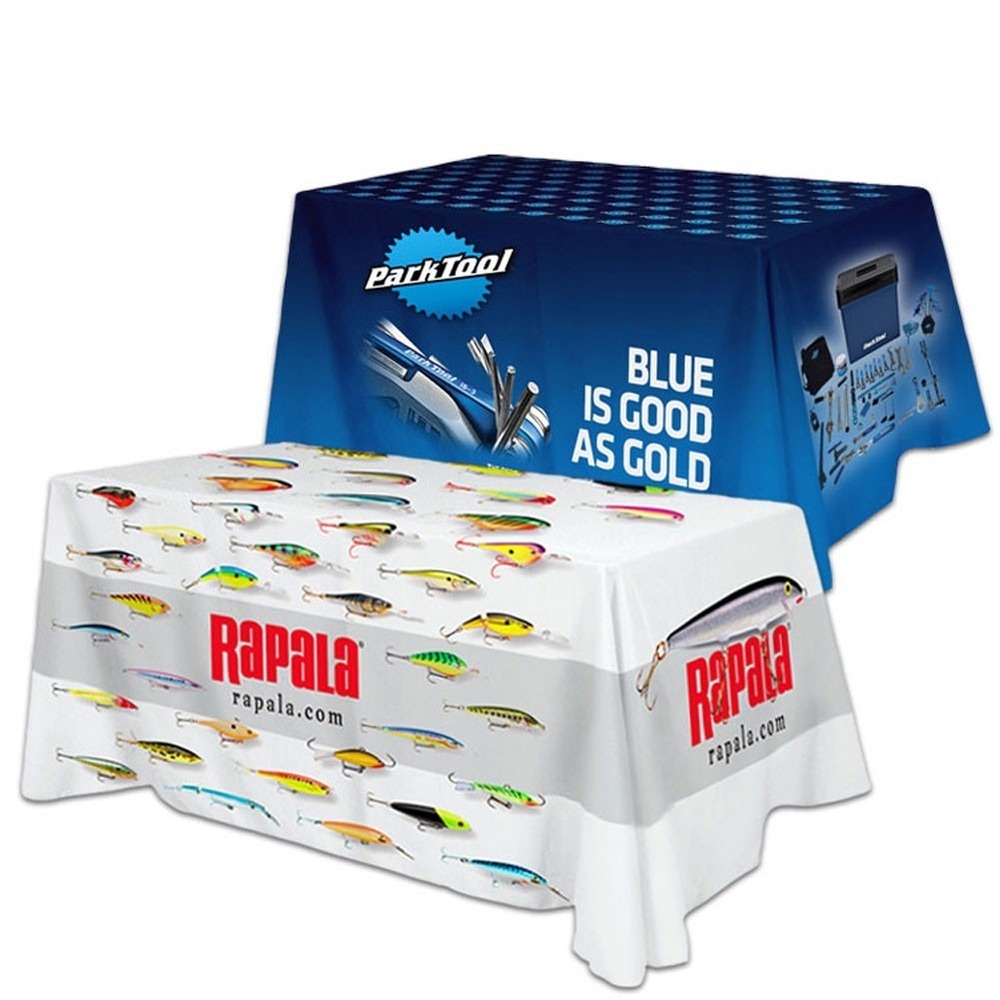Tradeshow Table Cover - Polyester Blend 6ft Blue, Custom Printed, Wrinkle Resistant, Washable, Hemmed Edges
