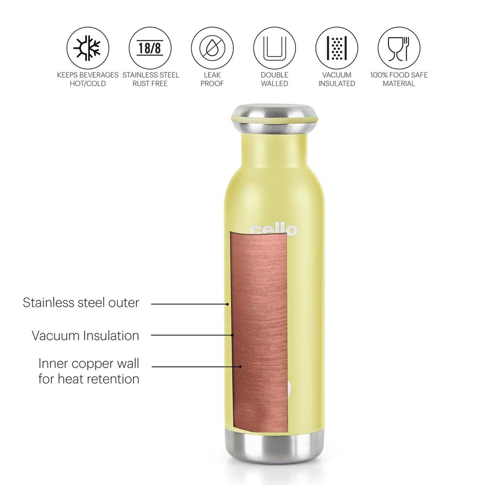 Cello Duro Sip Double Walled, Duro Tuff Steel Series, Vacusteel Water Flask with Durable DTP Coating,600 ml, Yellow