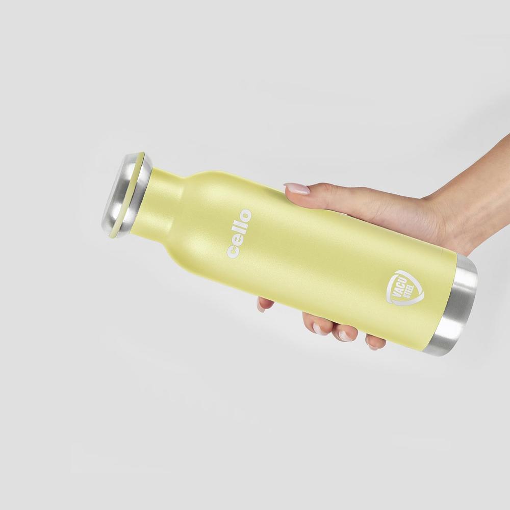 Cello Duro Sip Double Walled, Duro Tuff Steel Series, Vacusteel Water Flask with Durable DTP Coating,600 ml, Yellow