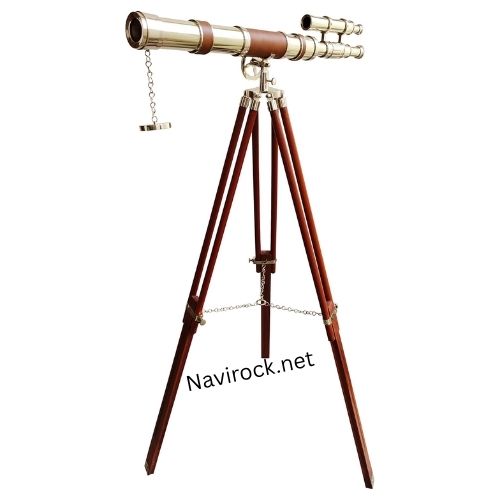 Vintage Shiny Brass Double Barrel Telescope Brown Leather Collectible Nautical Floor Standing Wooden Adjustable Tripod