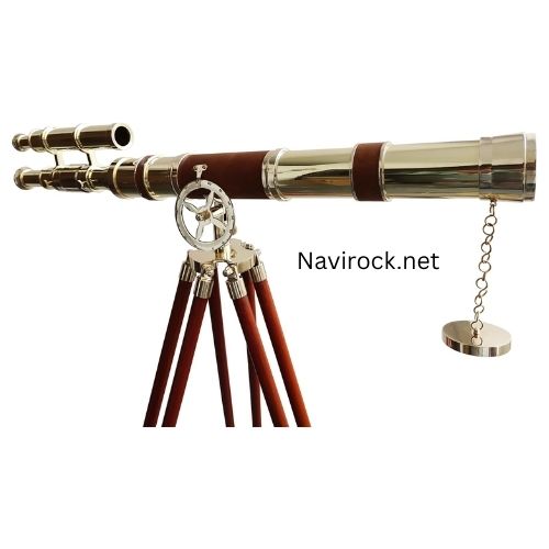 Vintage Shiny Brass Double Barrel Telescope Brown Leather Collectible Nautical Floor Standing Wooden Adjustable Tripod