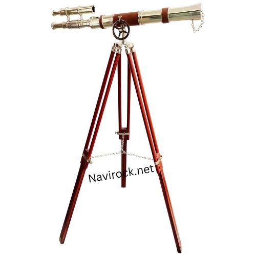 Vintage Shiny Brass Double Barrel Telescope Brown Leather Collectible Nautical Floor Standing Wooden Adjustable Tripod