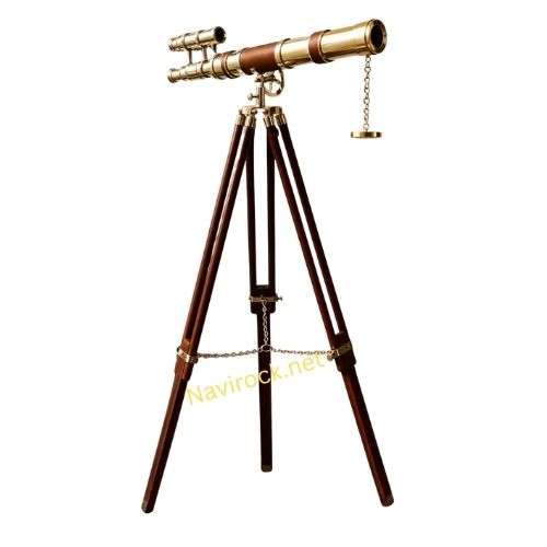 Vintage Shiny Brass Double Barrel Telescope Brown Leather Collectible Nautical Floor Standing Wooden Adjustable Tripod