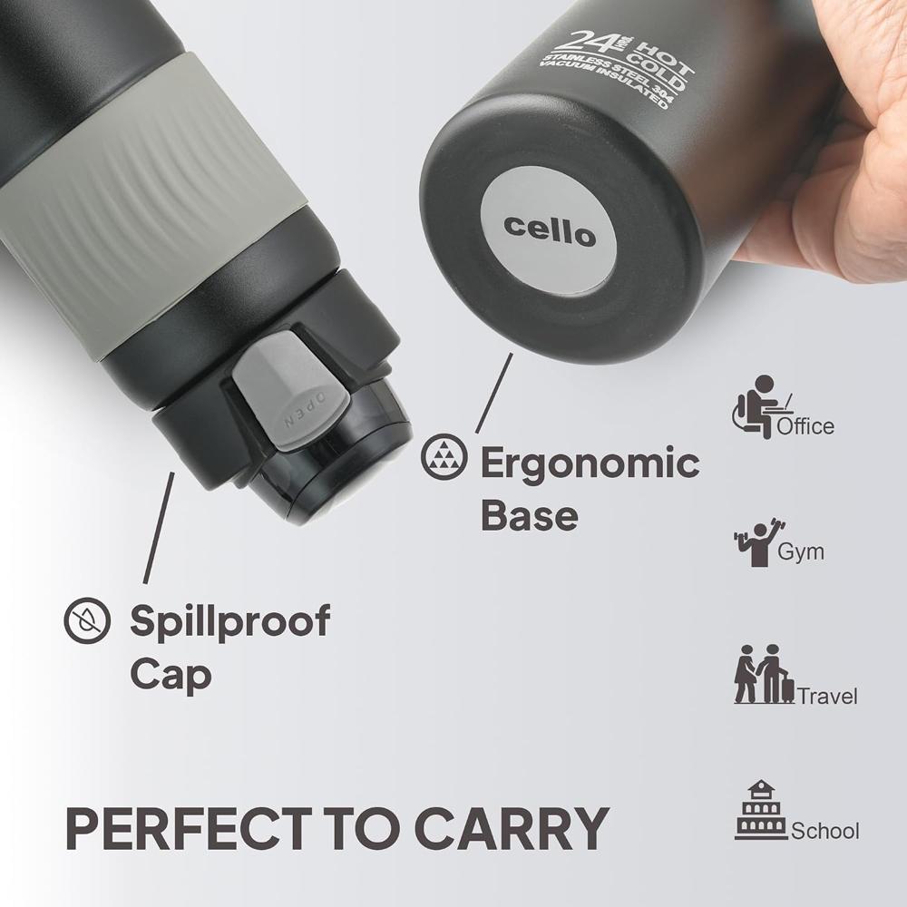 Cello Duro Rojjer 650 Insulated DTP Coating Thermosteel Flask Bottle Plus Gulp 600ml, Black | ISI Certified 24 Hrs Hot & Cold Water Tea Coffee | Ideal for Home, Office, Gym, Hiking, Trekking, Travel