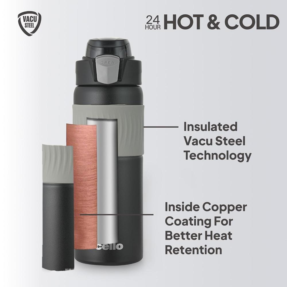 Cello Duro Rojjer 650 Insulated DTP Coating Thermosteel Flask Bottle Plus Gulp 600ml, Black | ISI Certified 24 Hrs Hot & Cold Water Tea Coffee | Ideal for Home, Office, Gym, Hiking, Trekking, Travel