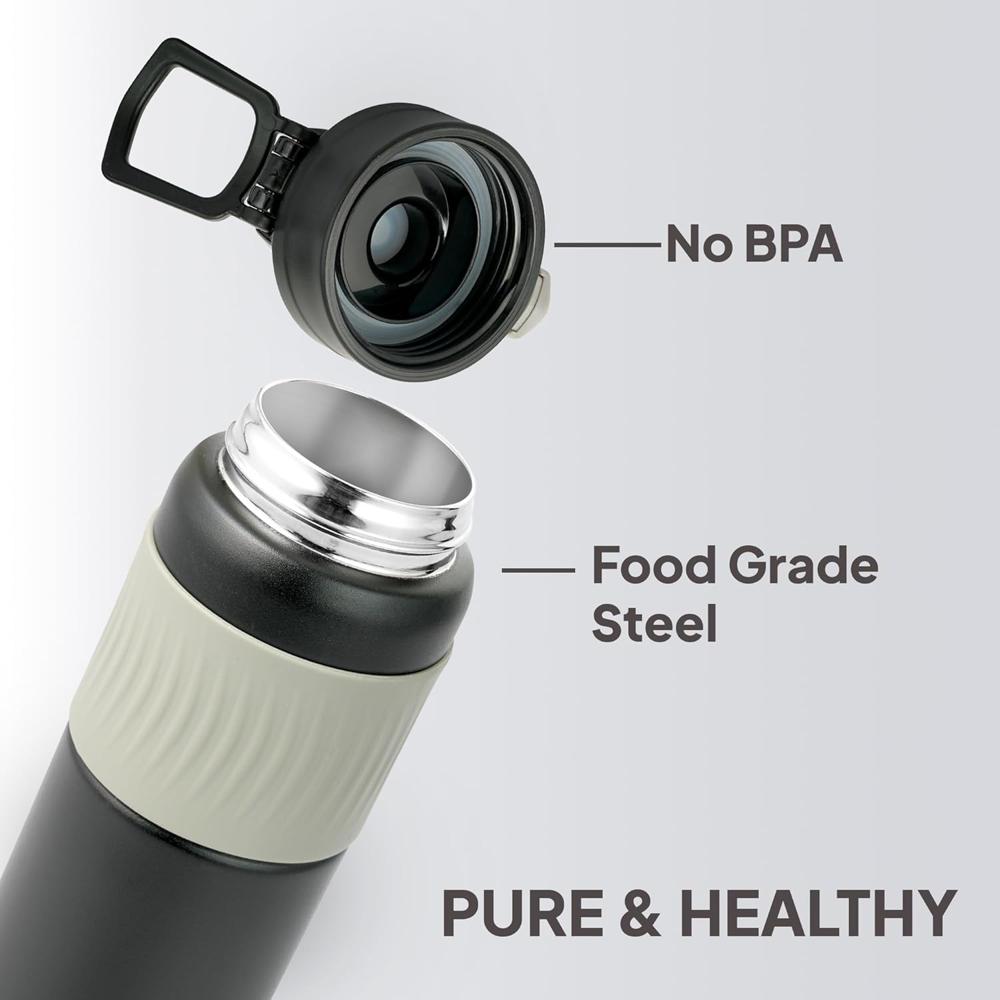 Cello Duro Rojjer 650 Insulated DTP Coating Thermosteel Flask Bottle Plus Gulp 600ml, Black | ISI Certified 24 Hrs Hot & Cold Water Tea Coffee | Ideal for Home, Office, Gym, Hiking, Trekking, Travel