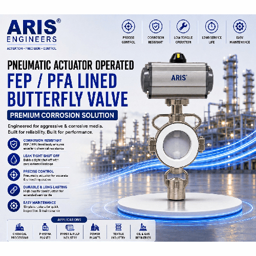 ARIS PNEUMATIC ACTUATOR OPERATED FEP - PFA LINED BUTTERFLY VALVE