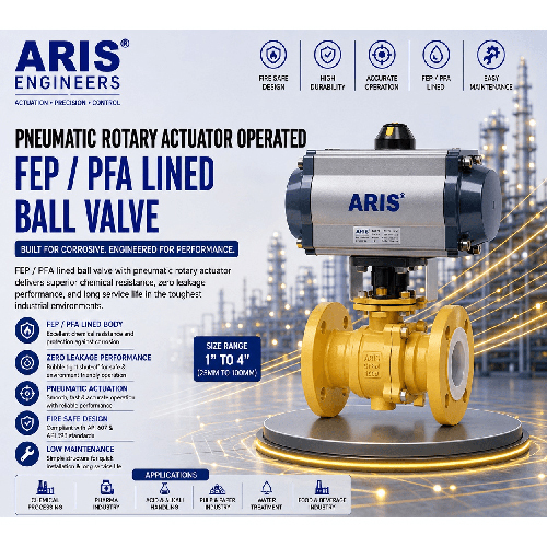 ARIS PNEUMATIC ROTARY ACTUATOR OPERATED FEP AND PFA LINED BALL VALVE