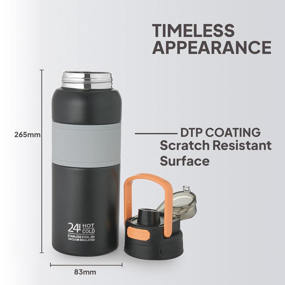 Cello Duro Duet Thermosteel Flask, 900ml, Black | 24 Hours Hot and Cold Stainless Steel Bottle | Flask for Tea Coffee | Ideal for Office, Gym, Home, Kitchen, Hiking, Travel Bottle
