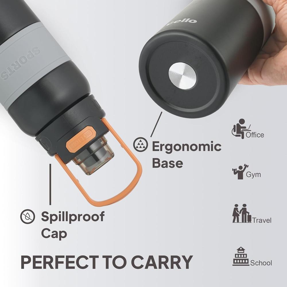 Cello Duro Duet Thermosteel Flask, 900ml, Black | 24 Hours Hot and Cold Stainless Steel Bottle | Flask for Tea Coffee | Ideal for Office, Gym, Home, Kitchen, Hiking, Travel Bottle