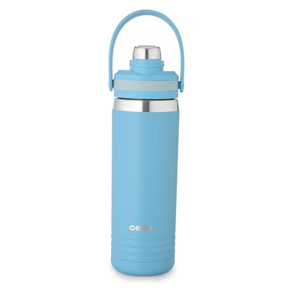 Cello Duro Amigo 850ml Thermoseal Sport Flask 2-in-1 Lid (Chug Lid/Straw) Sky Blue | Hot & Cold Stainless Steel Water Bottle | Durable DTP Coating | Ideal for Travel, Home, Office, School