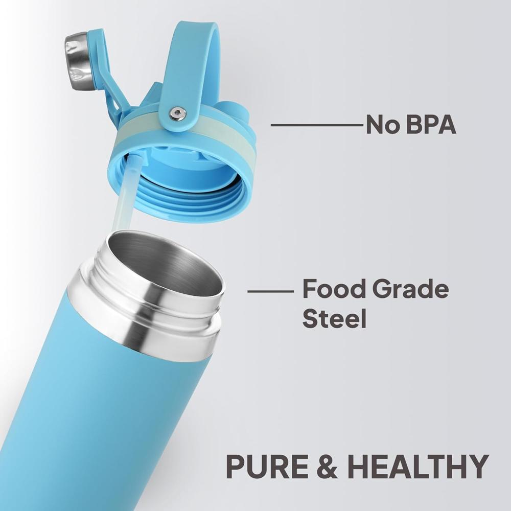Cello Duro Amigo 850ml Thermoseal Sport Flask 2-in-1 Lid (Chug Lid/Straw) Sky Blue | Hot & Cold Stainless Steel Water Bottle | Durable DTP Coating | Ideal for Travel, Home, Office, School