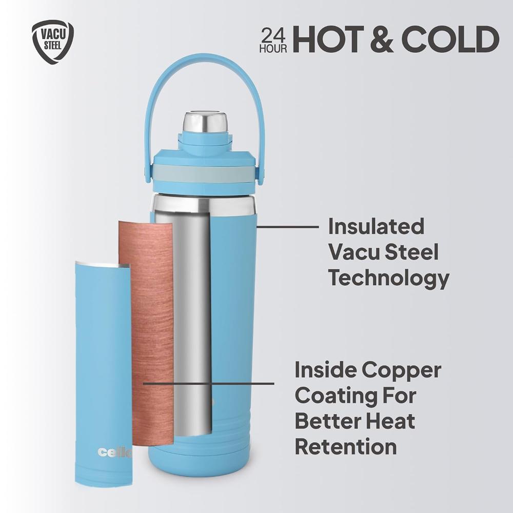 Cello Duro Amigo 850ml Thermoseal Sport Flask 2-in-1 Lid (Chug Lid/Straw) Sky Blue | Hot & Cold Stainless Steel Water Bottle | Durable DTP Coating | Ideal for Travel, Home, Office, School