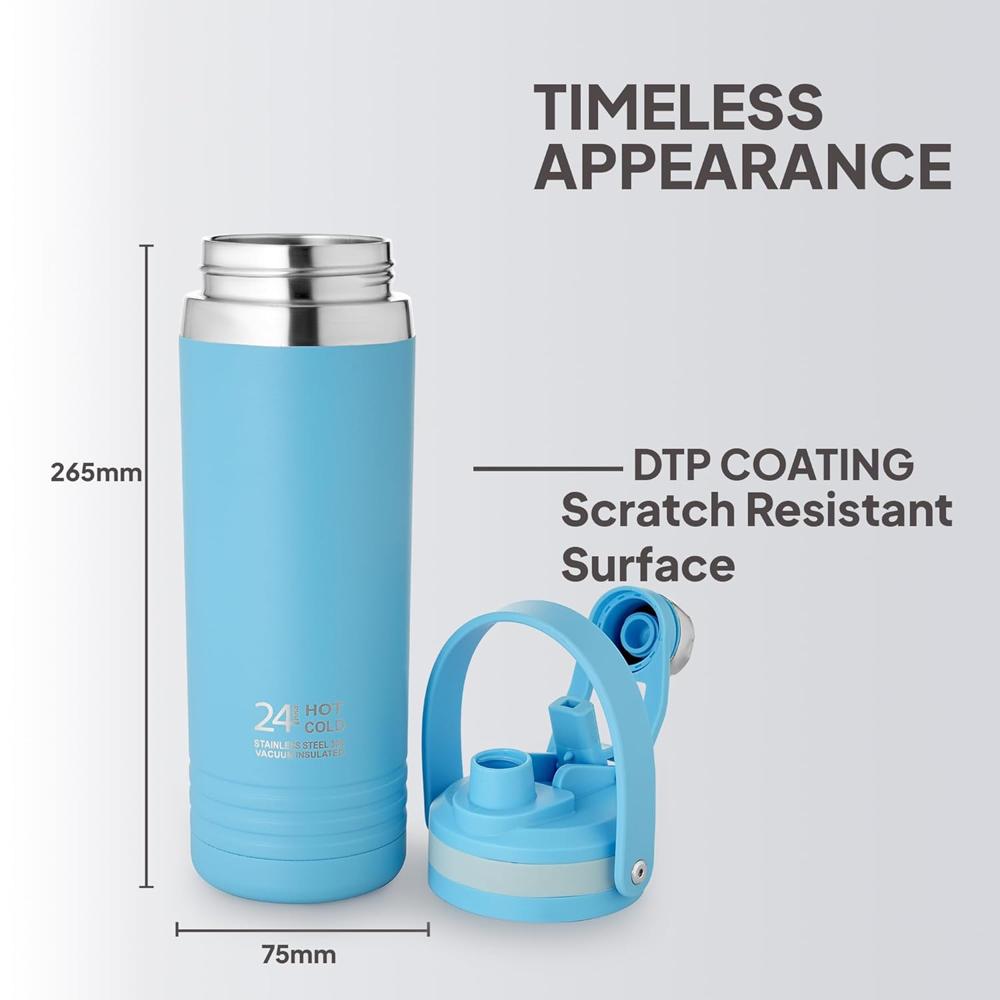 Cello Duro Amigo 850ml Thermoseal Sport Flask 2-in-1 Lid (Chug Lid/Straw) Sky Blue | Hot & Cold Stainless Steel Water Bottle | Durable DTP Coating | Ideal for Travel, Home, Office, School