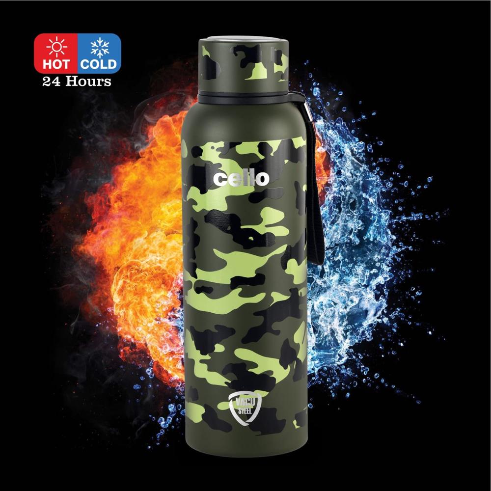 CELLO Military Kent Insulated Stainless Steel Flask For Daily Use 550 ml, Green | ISI CeDouble Wall Vacuum Insulated 24 Hours Hot and Cold Leakproof Carry with Loop Thermosteel Water Bottle For Office