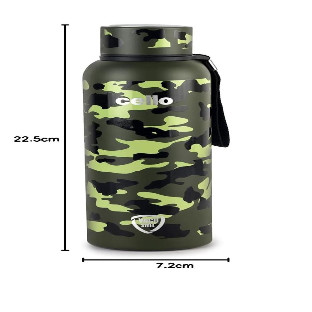 CELLO Military Kent Insulated Stainless Steel Flask For Daily Use 550 ml, Green | ISI CeDouble Wall Vacuum Insulated 24 Hours Hot and Cold Leakproof Carry with Loop Thermosteel Water Bottle For Office