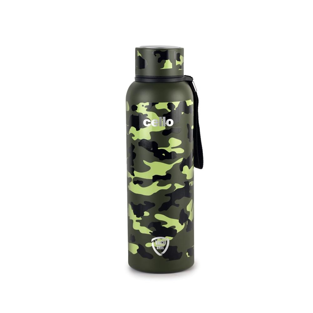 CELLO Military Kent Insulated Stainless Steel Flask For Daily Use 550 ml, Green | ISI CeDouble Wall Vacuum Insulated 24 Hours Hot and Cold Leakproof Carry with Loop Thermosteel Water Bottle For Office