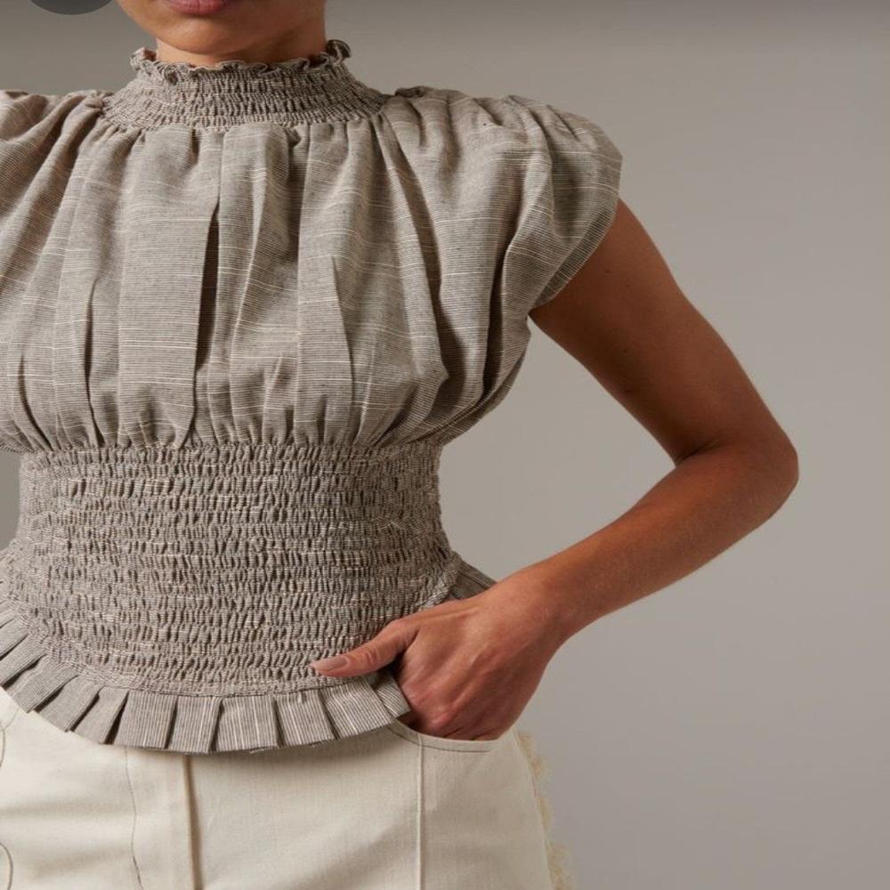 Mushroom Smocked Top - Cotton Blend, Mushroom Grey, High Neck With Smocking, Pleated Hem | Breathable, Lightweight, Adjustable Waist, Cap Sleeve