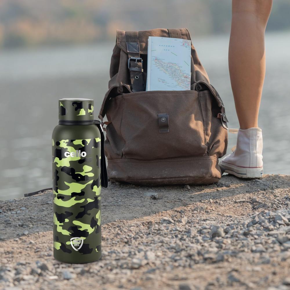 Cello Military Kent Insulated Stainless Steel Water Bottle 900 ml, Green | ISI Certified Double Walled 24 Hours Hot & Cold Vacuum Insulated Flask Water Bottle | Leak Proof Screw Cap Thermosteel Bottle