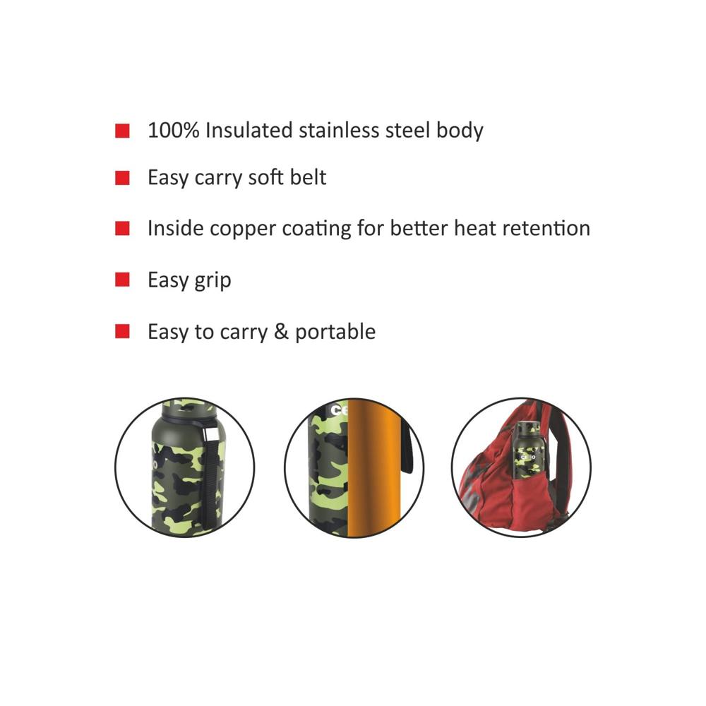 Cello Military Kent Insulated Stainless Steel Water Bottle 900 ml, Green | ISI Certified Double Walled 24 Hours Hot & Cold Vacuum Insulated Flask Water Bottle | Leak Proof Screw Cap Thermosteel Bottle