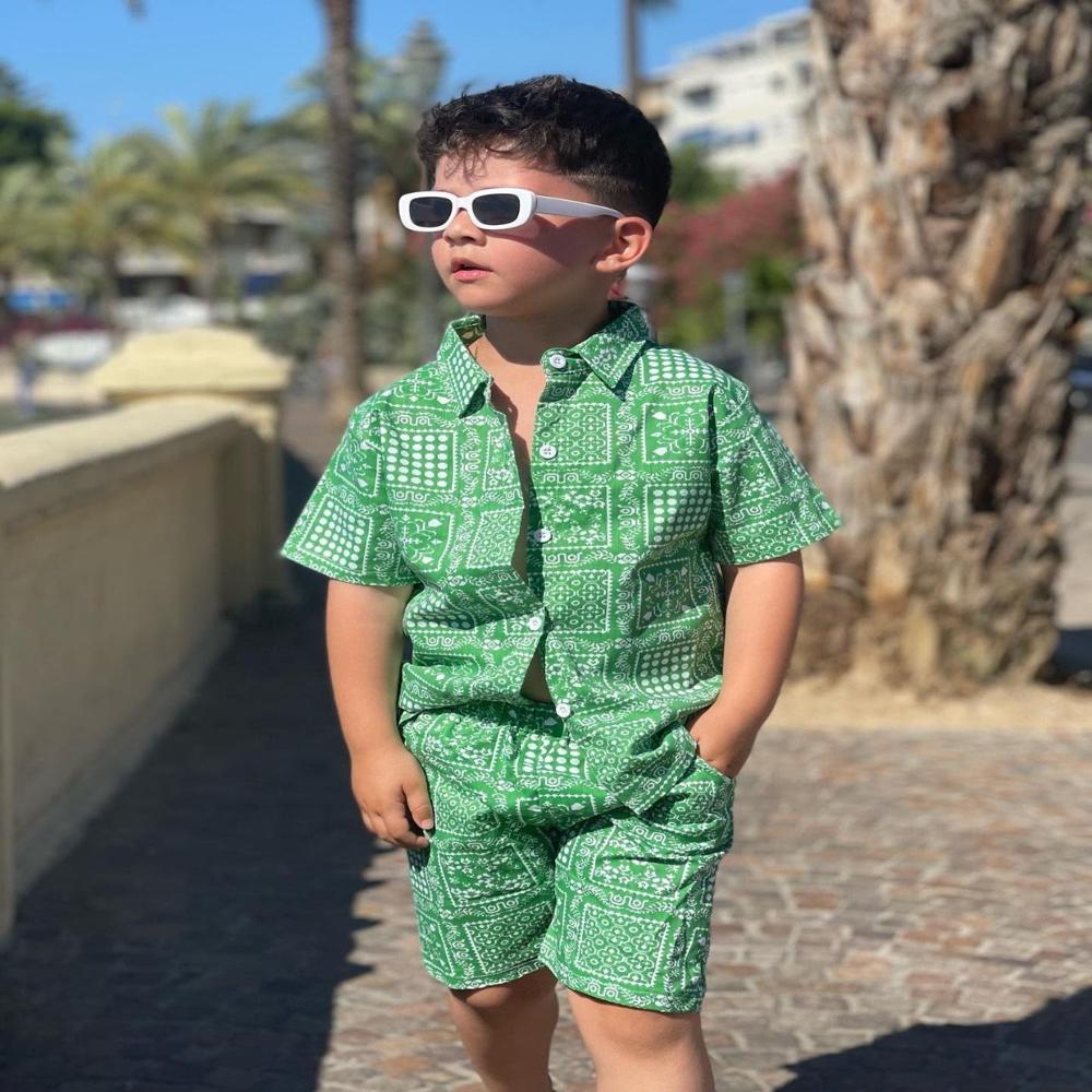 Jungle Bandana Set - Lightweight Cotton Polyester Blend, Green White, Half Sleeve Shirt & Knee-length Shorts, Breathable Quick-drying