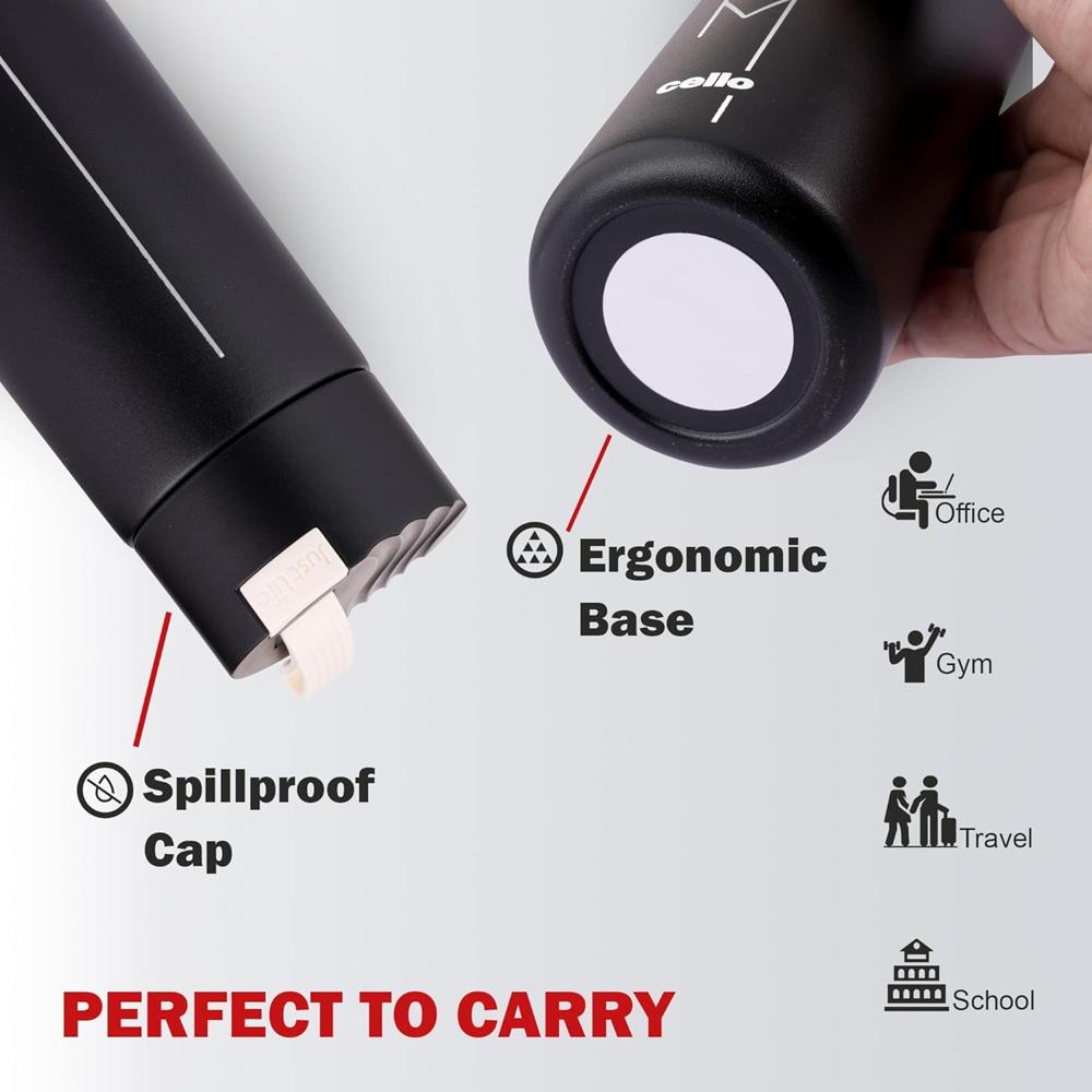 Cello Duke Insulated Stainless Steel Flask 400ml, Black | Double Wall Insulated 24 Hours Hot or Cold Thermos Thermosteel Flask Water Bottle for Office School Gym Hiking Trekking & Travel