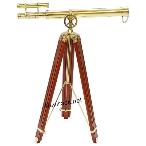 Shiny Brass Double Barrel Telescope with Wooden Tripod