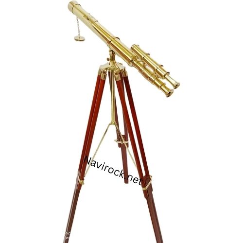 Shiny Brass Double Barrel Telescope with Wooden Tripod