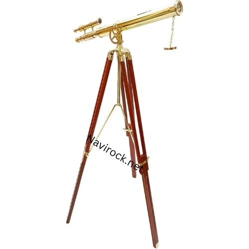 Shiny Brass Double Barrel Telescope with Wooden Tripod