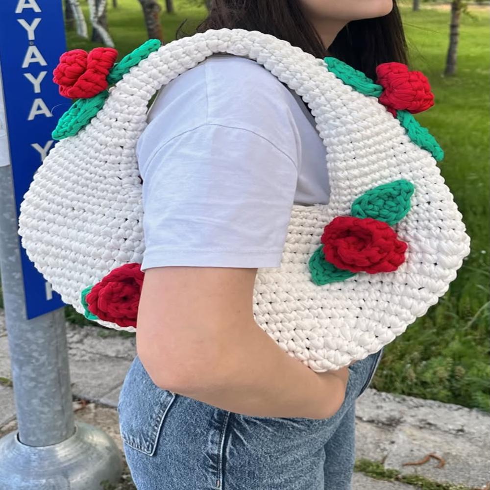 Rosette Bloom Bag - Hand-crocheted Yarn, Medium 38x28x10 Cm, White With Red And Green 3d Rosettes, Knitted Handle, Casual Artistic Design