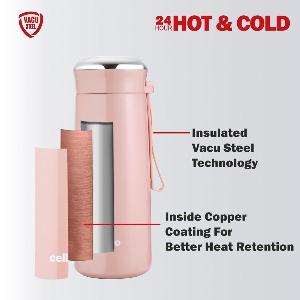 Cello Bliss Thermosteel Flask, 400ml, Peach | 24 Hours Hot and Cold Stainless Steel Bottle | Flask for Tea Coffee | Ideal for Office, Gym, Home, Kitchen, Hiking, Travel Bottle