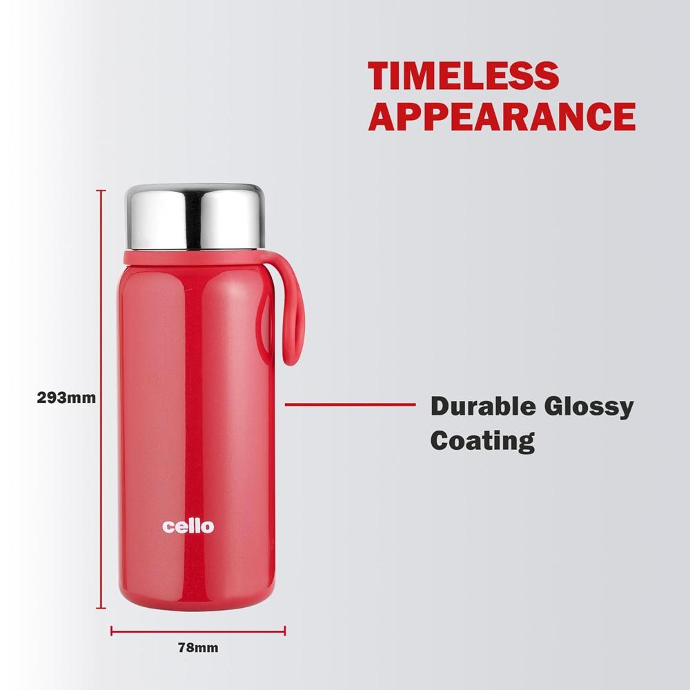 Cello Glitz Thermosteel Flask, 300ml, Red | 24 Hours Hot and Cold Stainless Steel Bottle | Flask for Tea Coffee | Ideal for Office, Gym, Home, Kitchen, Hiking, Travel Bottle