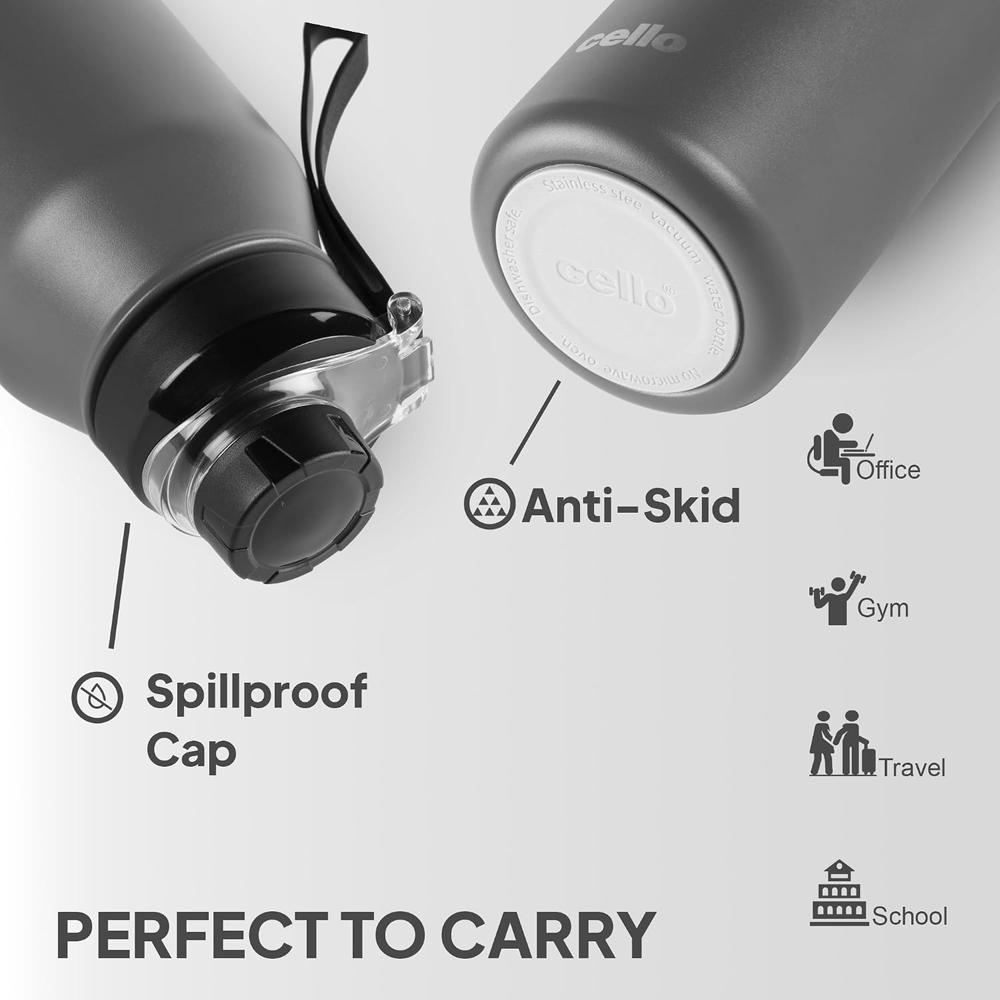 Cello Robust 1300 Thermoseal Flask, 1260ml, Grey | 24 Hours Hot & Cold Stainless Steel Insulated Bottle | Leak Proof | Wide Mouth | Ideal for Office, Gym, Home, Hiking, Trekking, Travel Bottle