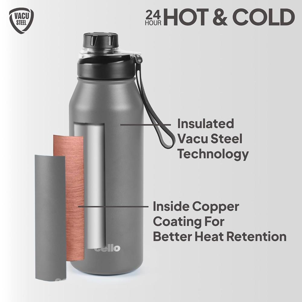 Cello Robust 1300 Thermoseal Flask, 1260ml, Grey | 24 Hours Hot & Cold Stainless Steel Insulated Bottle | Leak Proof | Wide Mouth | Ideal for Office, Gym, Home, Hiking, Trekking, Travel Bottle