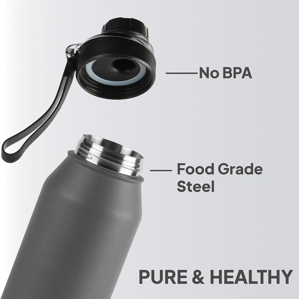 Cello Robust 1300 Thermoseal Flask, 1260ml, Grey | 24 Hours Hot & Cold Stainless Steel Insulated Bottle | Leak Proof | Wide Mouth | Ideal for Office, Gym, Home, Hiking, Trekking, Travel Bottle