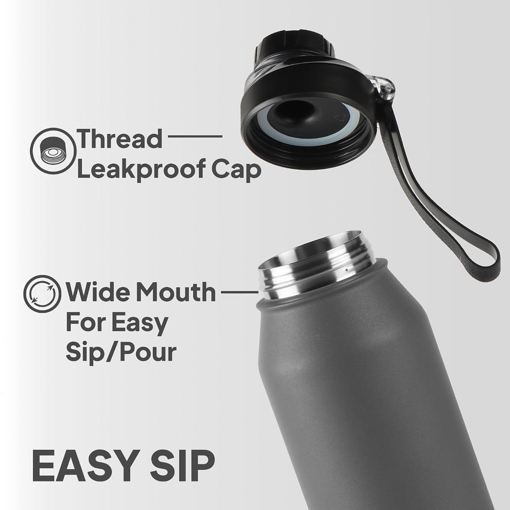 Cello Robust 1300 Thermoseal Flask, 1260ml, Grey | 24 Hours Hot & Cold Stainless Steel Insulated Bottle | Leak Proof | Wide Mouth | Ideal for Office, Gym, Home, Hiking, Trekking, Travel Bottle