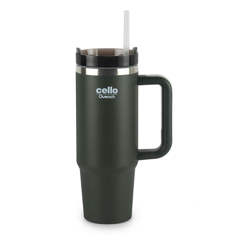 CELLO Quench Insulated Stainless Steel Sipper Tumbler with Straw and Lid for Daily Use & Travel 900 ml Green | Double Wall Vacuum Insulated Hot & Cold Leakproof Stainless Steel Mug Tumbler for Office