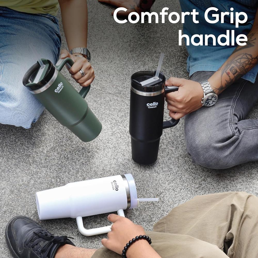 CELLO Quench Insulated Stainless Steel Sipper Tumbler with Straw and Lid for Daily Use & Travel 900 ml Green | Double Wall Vacuum Insulated Hot & Cold Leakproof Stainless Steel Mug Tumbler for Office