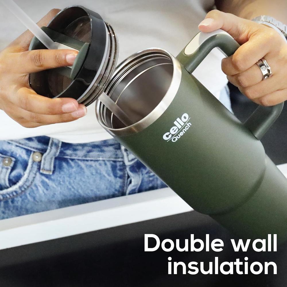 CELLO Quench Insulated Stainless Steel Sipper Tumbler with Straw and Lid for Daily Use & Travel 900 ml Green | Double Wall Vacuum Insulated Hot & Cold Leakproof Stainless Steel Mug Tumbler for Office