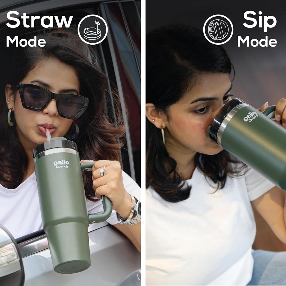 CELLO Quench Insulated Stainless Steel Sipper Tumbler with Straw and Lid for Daily Use & Travel 900 ml Green | Double Wall Vacuum Insulated Hot & Cold Leakproof Stainless Steel Mug Tumbler for Office