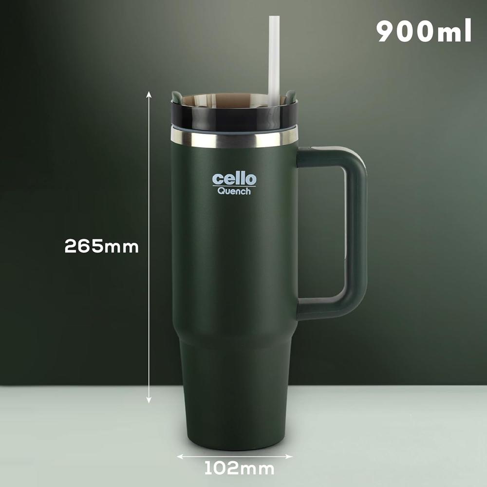 CELLO Quench Insulated Stainless Steel Sipper Tumbler with Straw and Lid for Daily Use & Travel 900 ml Green | Double Wall Vacuum Insulated Hot & Cold Leakproof Stainless Steel Mug Tumbler for Office