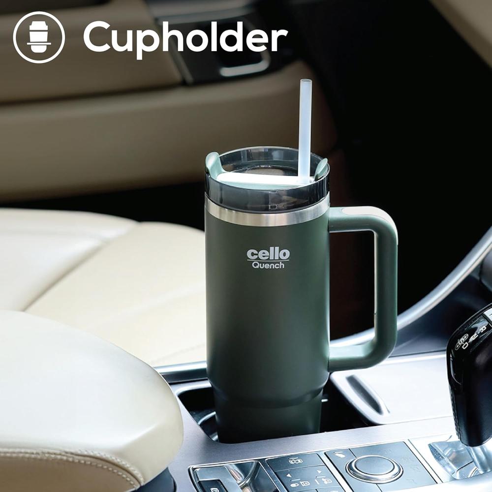 CELLO Quench Insulated Stainless Steel Sipper Tumbler with Straw and Lid for Daily Use & Travel 900 ml Green | Double Wall Vacuum Insulated Hot & Cold Leakproof Stainless Steel Mug Tumbler for Office