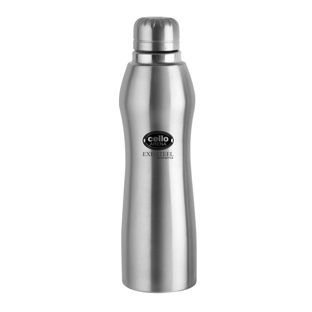 CELLO Arena Exe-Steel Stainless Steel Water Bottle 1000ml, Silver | ISI Certified, Single Walled, Rust & Leakproof, Easy to Open & Pour Wide Mouth Steel Bottle | Perfect for School, College, Office