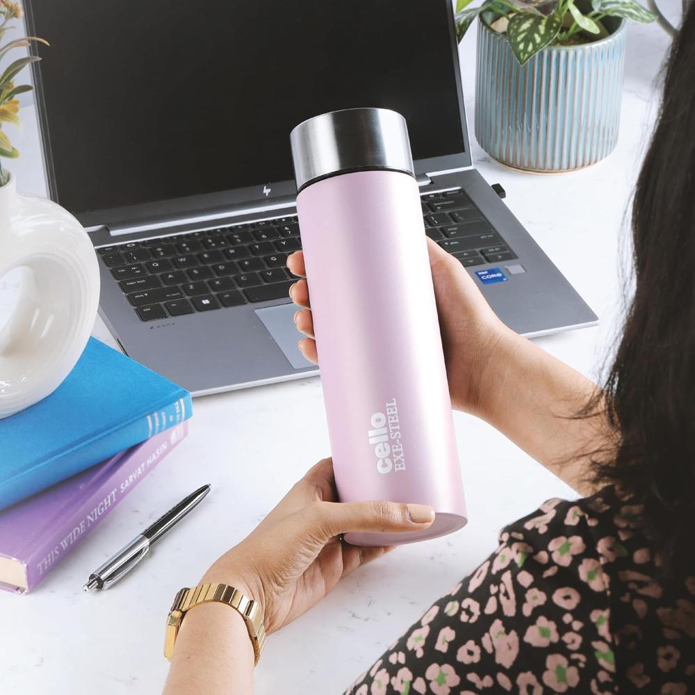 CELLO H2O Matt Stainless Steel Flask 1000ml, Light Pink | Food-Grade Safe & Leak-Proof | Leak Proof & Wide Mouth | Ideal for Cold Beverages | Home | Kitchen | Hiking