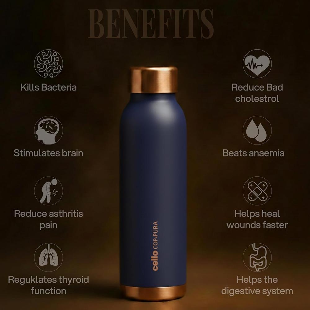 CELLO Evita Copper Water Bottle For Daily & Office Use 1000 ml, Blue | Leakproof & Rustproof ISI Certified Single Wall 100% Pure Copper Promotes Immunity, Improve Digestion & Supports Healthy Living