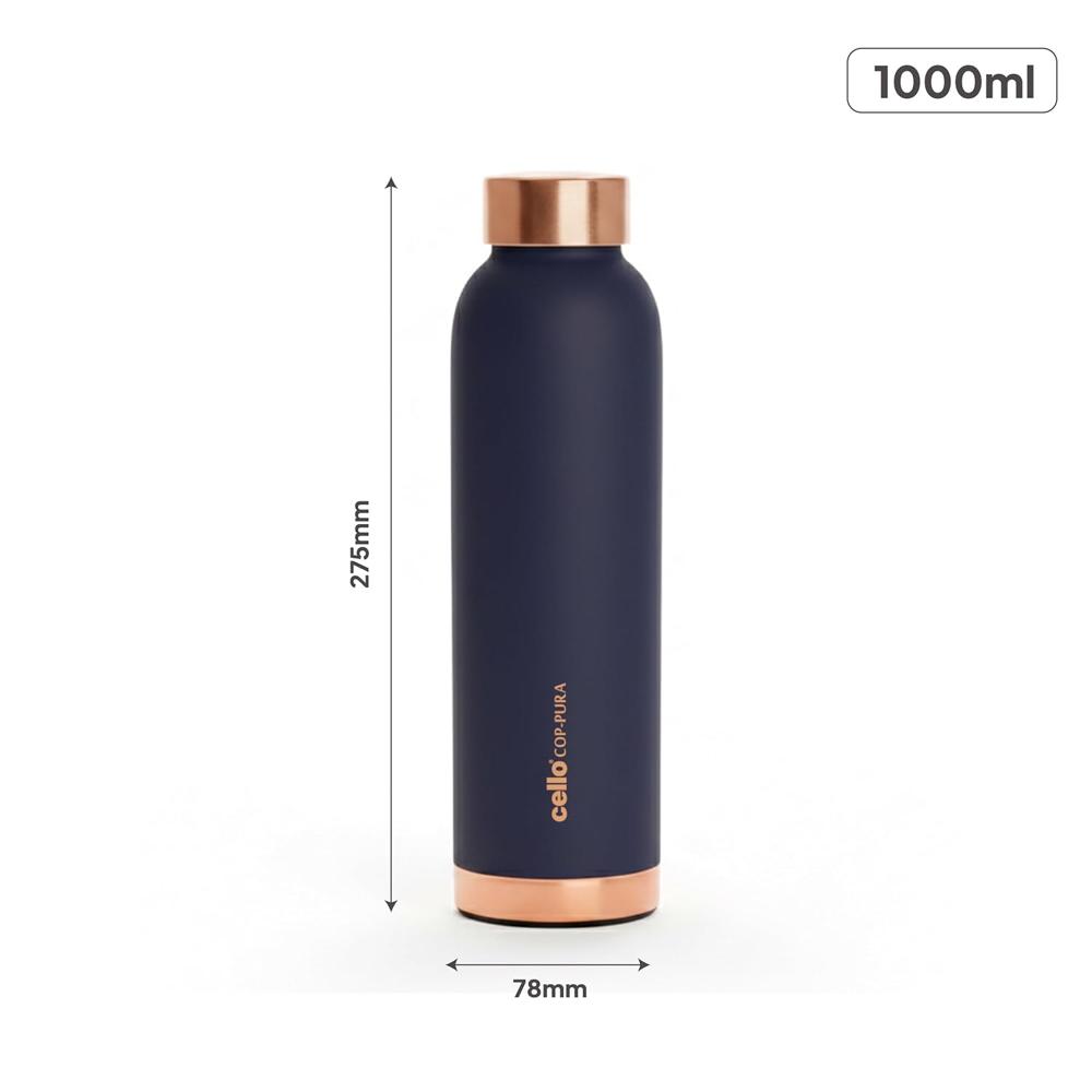 CELLO Evita Copper Water Bottle For Daily & Office Use 1000 ml, Blue | Leakproof & Rustproof ISI Certified Single Wall 100% Pure Copper Promotes Immunity, Improve Digestion & Supports Healthy Living
